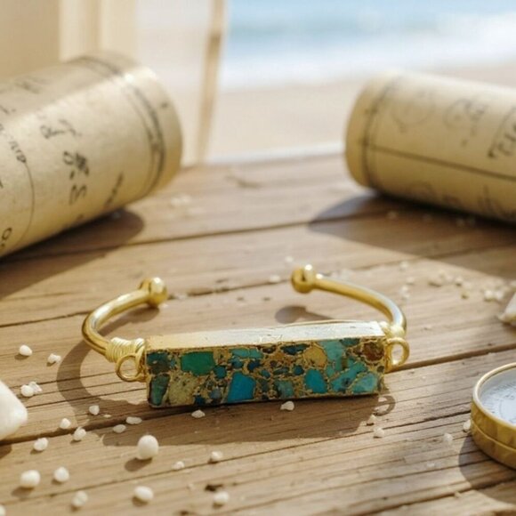 Turquoise ✦ Bar Wire Wrap Cuff ✦ 14Kt Gold Over Copper Handmade Bracelet - Picture 7 of 9